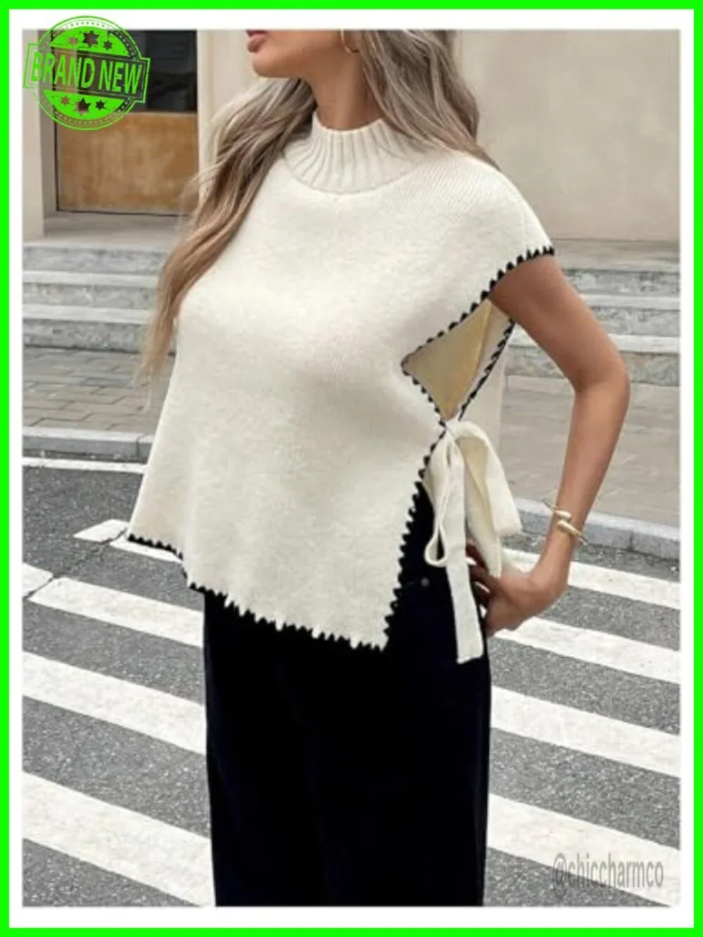 Mock Neck Cap Sleeve Soft Knit Sweater Vest Tie Knot Side Slit Lightweight Tops